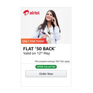 Flat 50 cashback on recharge of min 99 of Airtel in Amazon *(Collect Offer)*